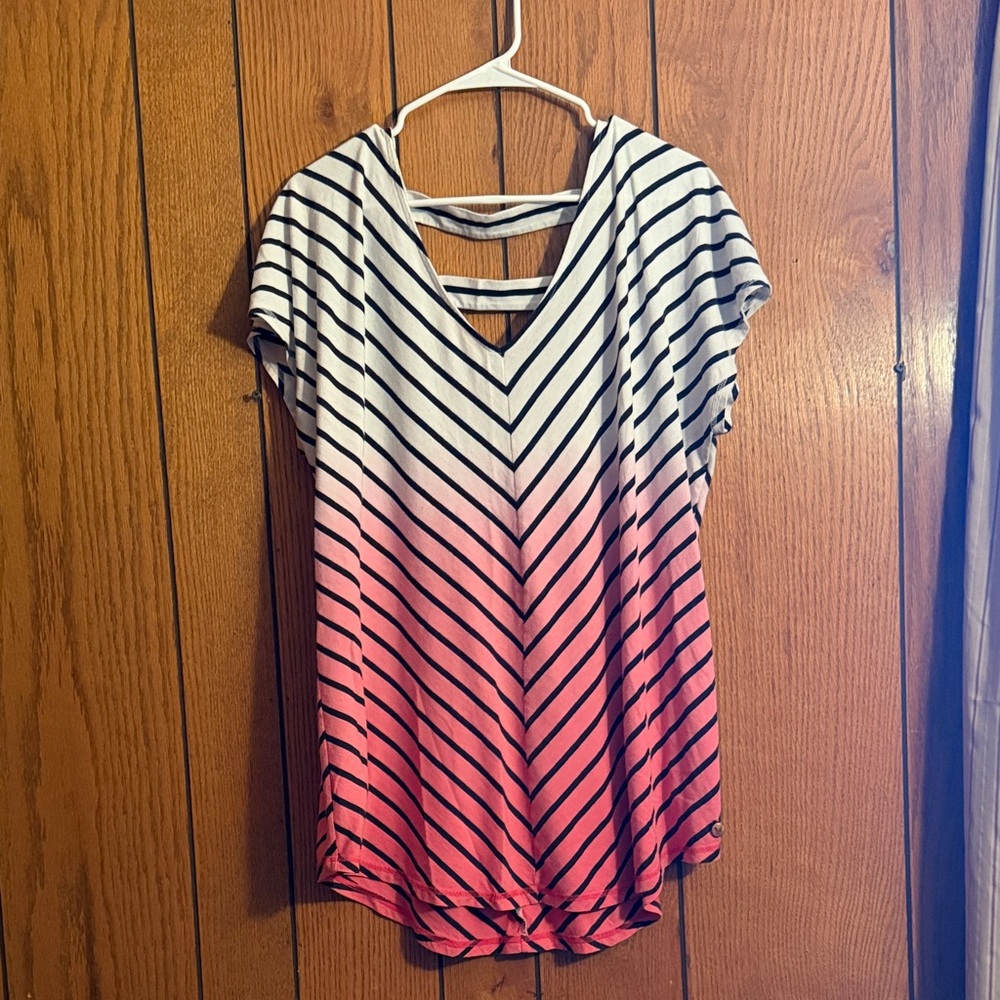 Lane Bryant Black and Pink Striped V-Neck Tee